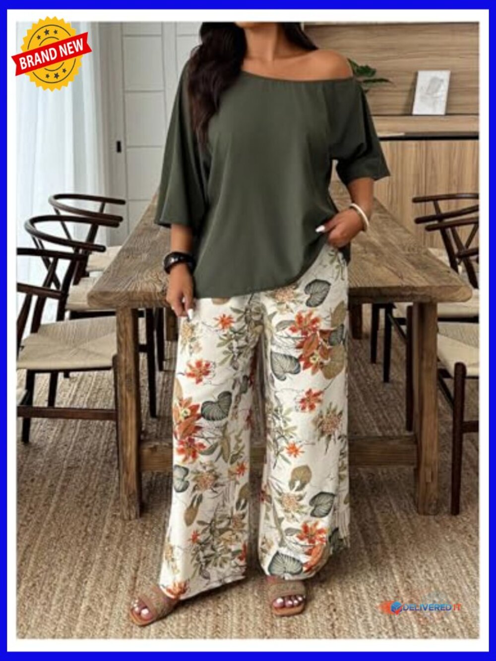 Plus Size 2 Piece Off Shoulder Top and Floral Pants Set Summer Vacation Outfits - Picture 5 of 5